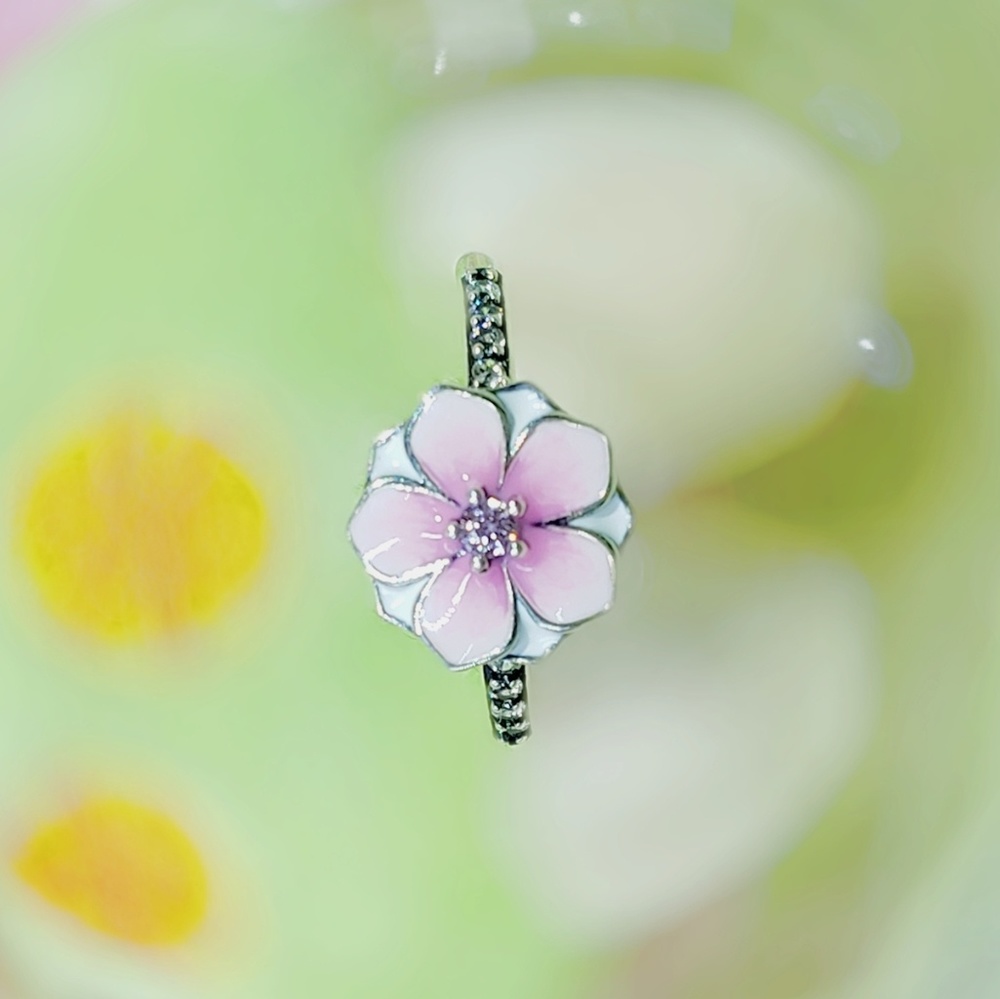 STERLING SILVER PINK ENAMEL MAGNOLIA FLOWER RING - Picture 7 of 8